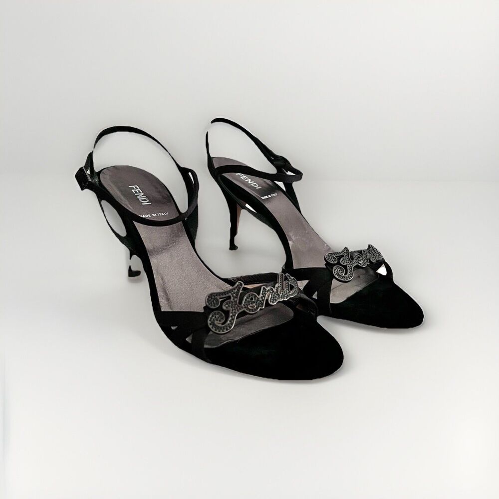 Fendi VTG Black Velvet & Satin Slingback Heels w/Logo Script Size 37 Minor Wear